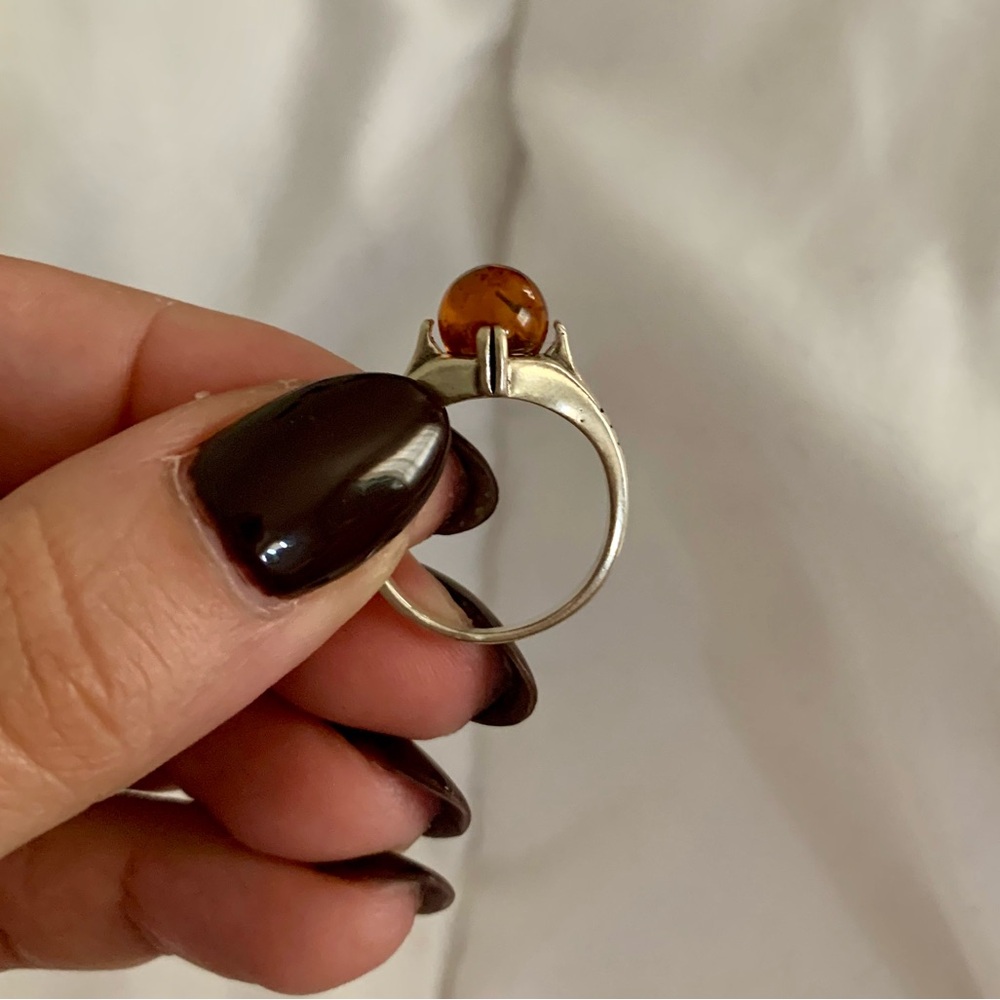 Amber sphere ball sterling silver ring